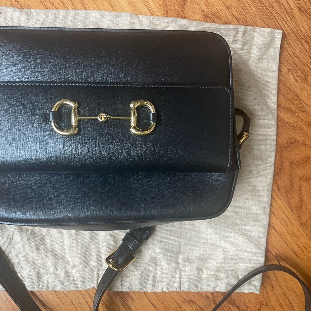 GUCCI small HORSEBIT Black Crossbody Bag with Gold Accents.